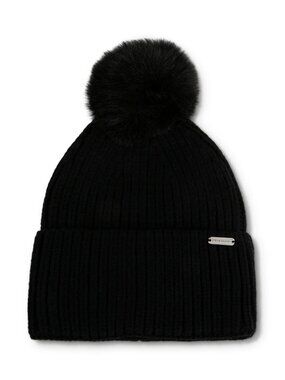 STEVE MADDEN Pointelle Knit Cuff Beanie with POM, Black